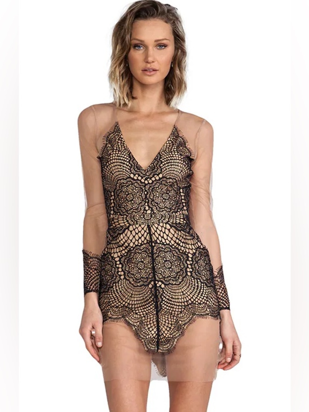 New For Love & Lemons Antigua Mini Dress Black Nude Lace Embroidery Size Medium - Picture 3 of 17